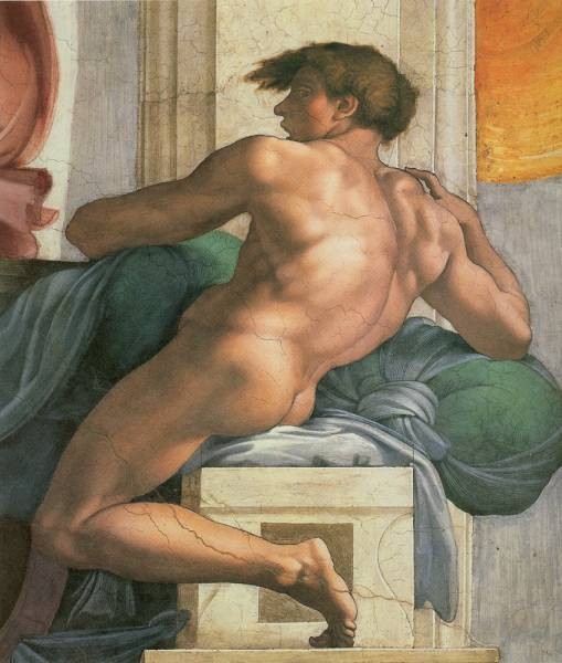 Sistine Chapel Ceiling Ignudi next to Separation of Land and the Persian Sybil